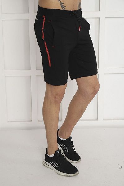 NEED LİFE Men's Black Cotton Shorts - Regular Fit, Elastic Waist, Back Pocket and Print Detail