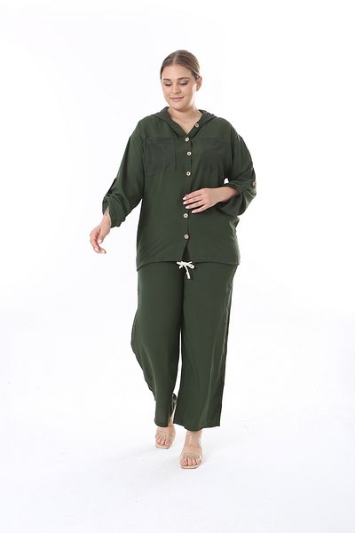 XL Modam مقاس كبير للنساء - مجموعة شبكية بأكمام طويلة قابلة للطي باللون الكاكي