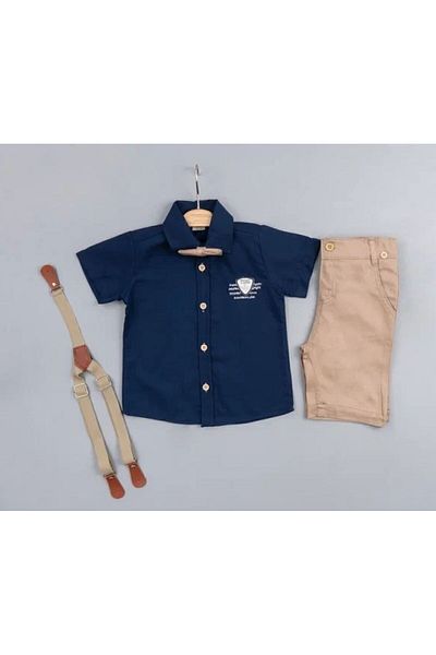 Terry Boy's Navy Blue Oxford Shirt and Bow Tie Shorts Set - Short Sleeve, StrapBelted