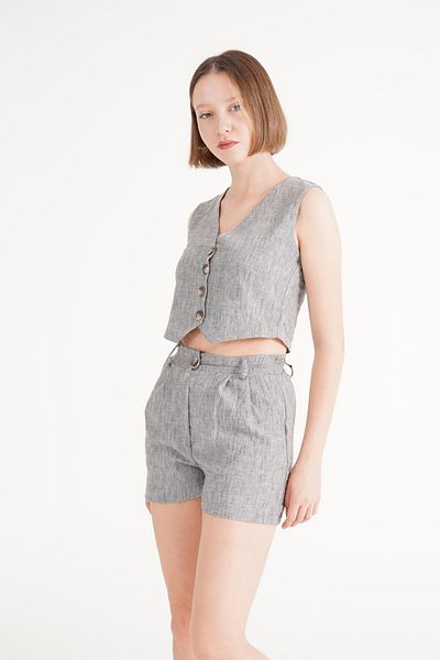 Hipo Trend Anthracite Linen Double Vest and Shorts Set