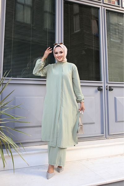 Tesettür Diyarı Set tunică și pantaloni Lizza Khaki - țesătură pentru creșă, cu fante laterale