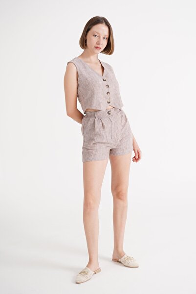 Hipo Trend طقم سترة وشورت مزدوج من الكتان باللون القهوة