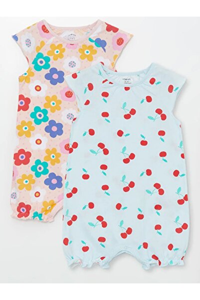 LC Waikiki LCW baby Bisiklet Yaka Kısa Kollu Çiçekli Kız Bebek Tulum 2 'li