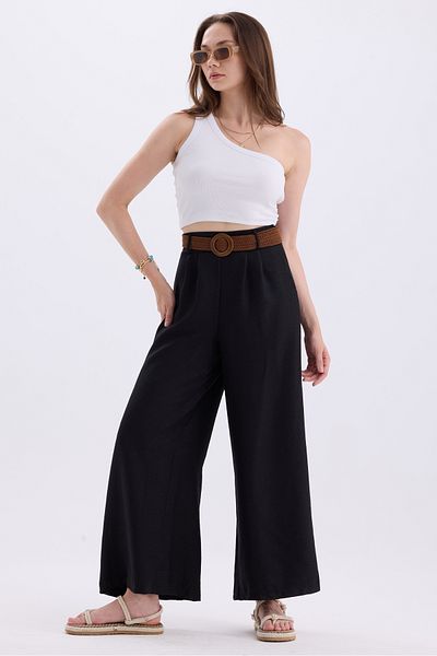 MD trend Linen Blended Loose Summer Trousers - Women's, Belt and Elastic Waist