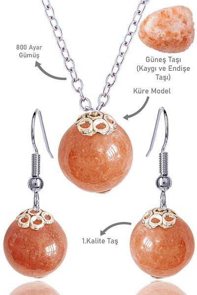 Tesbih Atölyesi Sun Stone Necklace and Earring Set - Certified, Silver Apparatus Globe Model