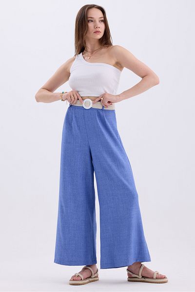 MD trend Pantaloni largi de vară în amestec de in - femei, curea și talie elastică