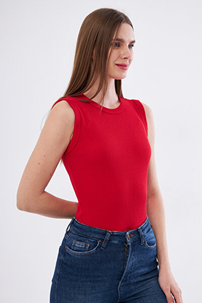 LES OUT Women's Red Corded Crew Neck Wide Shoulder Zero Sleeve Tank Top