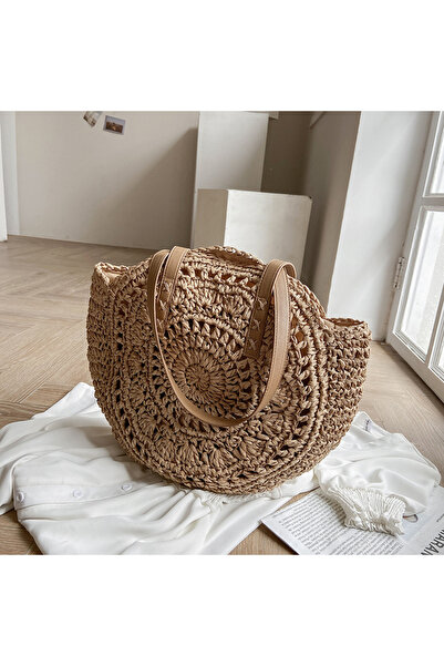 Choice حقيبة Yogodlns الصيفية المستديرة للنساء - حقيبة شاطئ مجوفة منسوجة للسف...