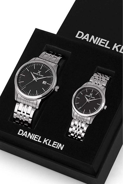 Daniel Klein Steel Bracelet Black Dial Metalic Lover Wristwatch Set in Special Box