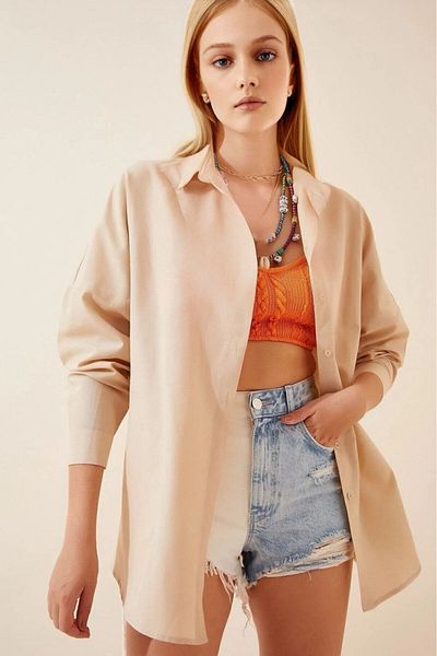 hazelin Γυναικείο Μπεζ Oversize Μακρύ Βασικό Πουκάμισο