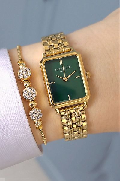 Rosefield Gold Yellow Green Dial Women's Wristwatch with Zircon Stone Bracelet Gift