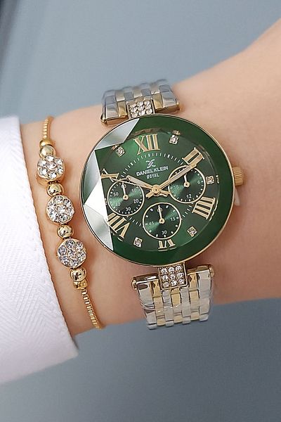 Daniel Klein New Model Cut Glass Steel Bracelet Green Dial Women's Wristwatch - Zircon Stone Bracelet