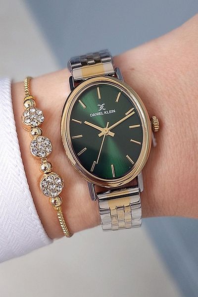 Daniel Klein Green Dial Gold - Zircon Stone Bracelet and Metallic Women's Wristwatch