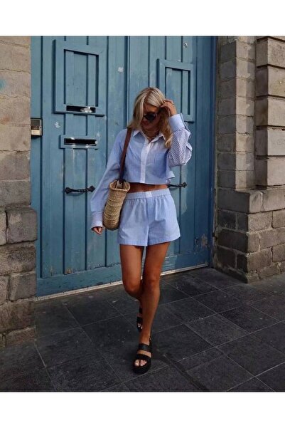 Mekafashion Zeren Çizgi Detaylı Crop Gömlek 5244