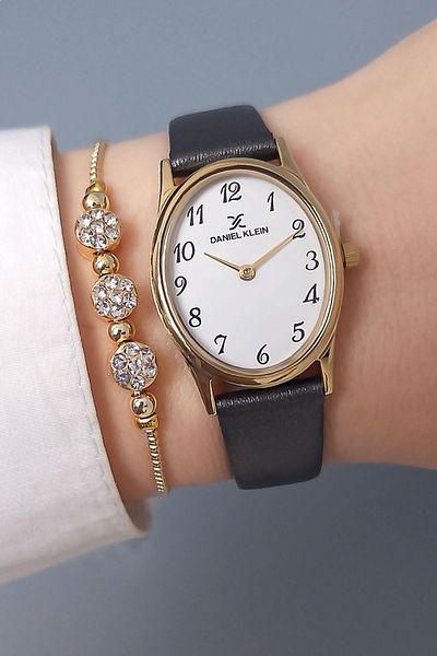 Daniel Klein Gold Yellow Oval Case Smoked Leather Strap Women's Wristwatch, Zircon Stone Bracelet Gift
