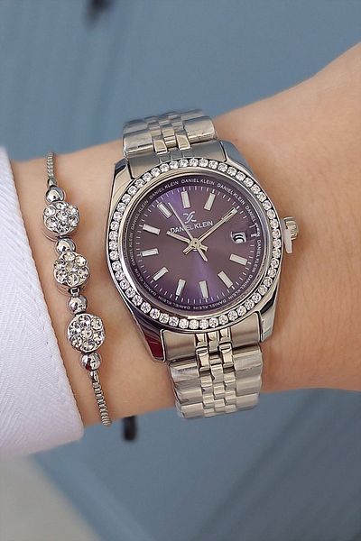 Daniel Klein Purple Dial Calendar, Jewelled, Metallic Steel Bracelet Women's Wristwatch - Zircon Stone Bracelet Gift
