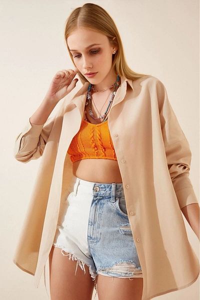 hazelin Γυναικείο Μπεζ Oversize Μακρύ Βασικό Πουκάμισο