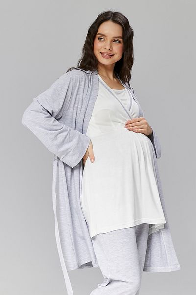 Lohussa Gray Cotton Summer Pajamas and Dressing Gown Set - 3-Piece Maternity Set