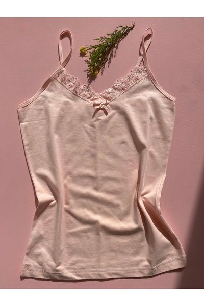 LEYNA BUTİK V-Neck Lace Rope Strap Women's Undershirt - 3-Piece Ecru, Pink, Salmon Color Set