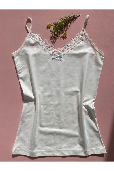 LEYNA BUTİK V-Neck Lace Rope Strap Women's Undershirt - 3-Piece Ecru, Pink, Salmon Color Set