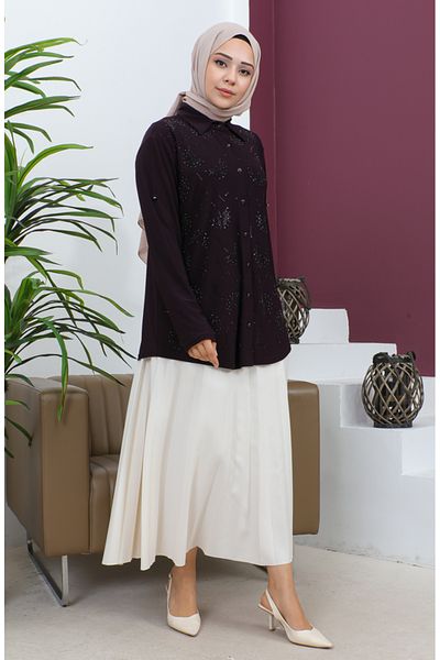 sefamerve Plus Size Sandy Shirt with Purple Stones - 3600-03