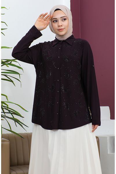 sefamerve Plus Size Sandy Shirt with Purple Stones - 3600-03