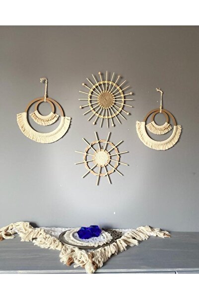 kattuna Küçük Makrome Ve Bambu Duvar Dekorasyon Ürünü 4’lü Set