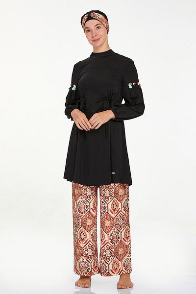 Remsa Mayo Hijab Swimsuit - Lycra, Πλήρως καλυμμένο, Φαρδύ πόδι, Beyda 4515, Μαύρο
