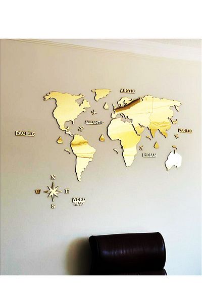 GİZEM SHOP Gold Mirror Plexiglass Puzzle - 2D World Map, Shaped Size 150cmx75cm