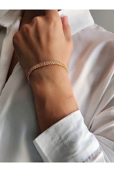 Eva Takı Waterway Gold Steel Bracelet - Baguette Model