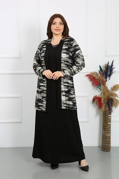 YASEŞA BUTİK Plus Size Mother's Women's Evening Dress - Sude, Golden Yellow, Black, Jacketed, Short Sleeve