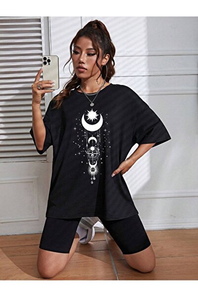 Boi Sun And Moon Serenity Design - Μαύρο και άσπρο υπερμεγέθη χτενισμένο βαμβακερό μπλουζάκι