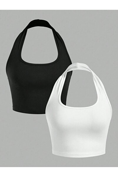 Liona 2'Li Paket Kare Yaka Siyah ve Beyaz Renk Boyun Askılı Crop Top Bluz