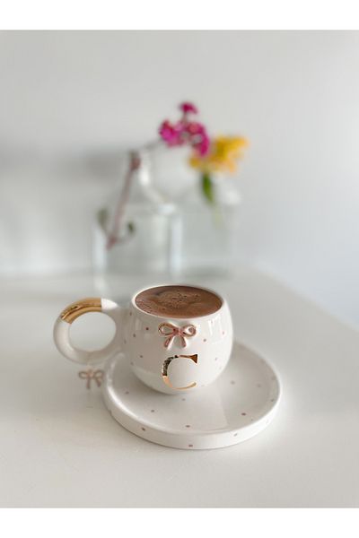 Mugtasarım 24 K Gold - Gilded Pink Bow Turkish Coffee Cup - Letter C