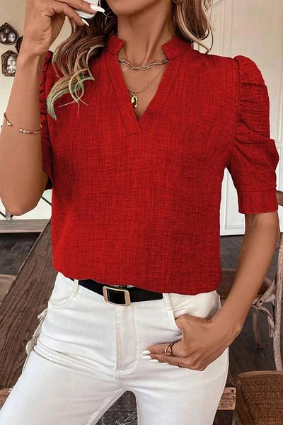 pelinzen Sofia Linen Fabric V-Neck Balloon Sleeve Women's Blouse (Colored)