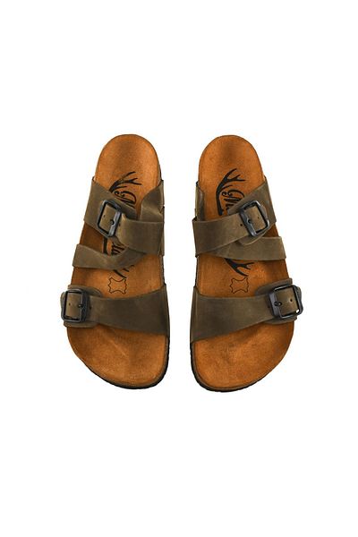 Moosefield Genuine Leather Khaki Green Women's Slippers