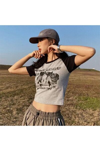 Köstebek Γκρι Μαύρο μανίκι Λεπτομέρεια Friend Cats Half Tshirt