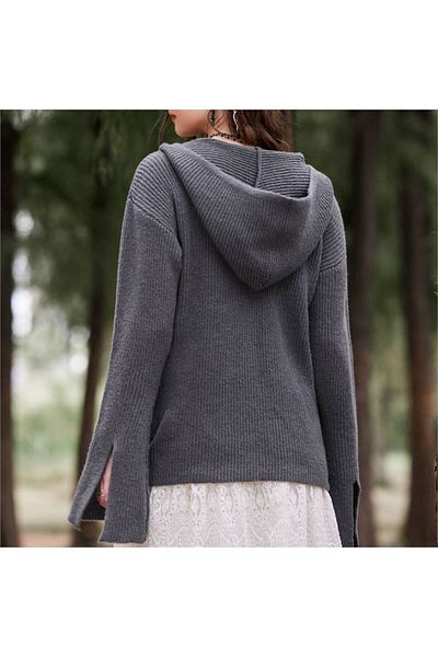 Köstebek Smoked Knitwear Cardigan with Stripe Lace-up Zipper and Hood Detail