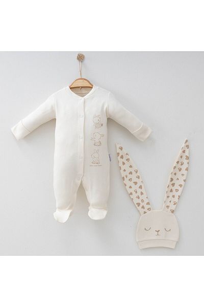 Gümüş Baby Kids طقم رومبير للأطفال بنقشة أرنب - 100% قطن، قبعة ذات أذنين، طقم مطبوع مكون من قطعتين