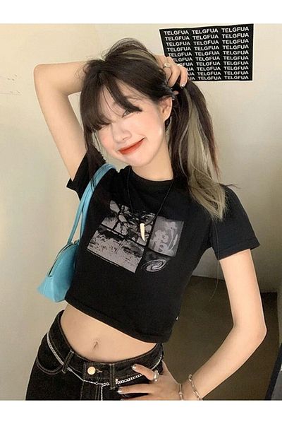 Köstebek Y2k Harajuku Fashion Black Half Tricou
