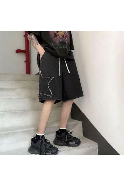 Köstebek Y2k Harajuku Star Black Washed Denim Shorts