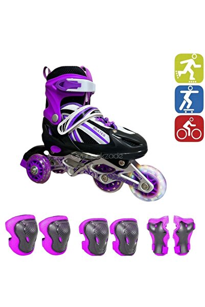 OyuncakZade Purple Double Row Adjustable Lighted Aluminum Body Practice Skate...