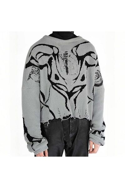Köstebek Gray Black Gothic Ripped Model Oversize Sweater