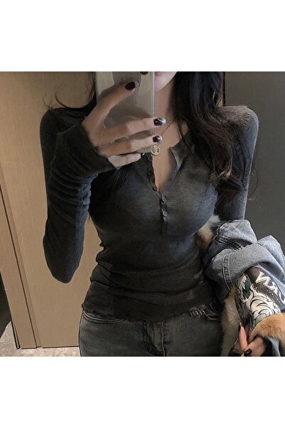 Köstebek Mood Smoked V-Neck Button Detail Half Tshirt