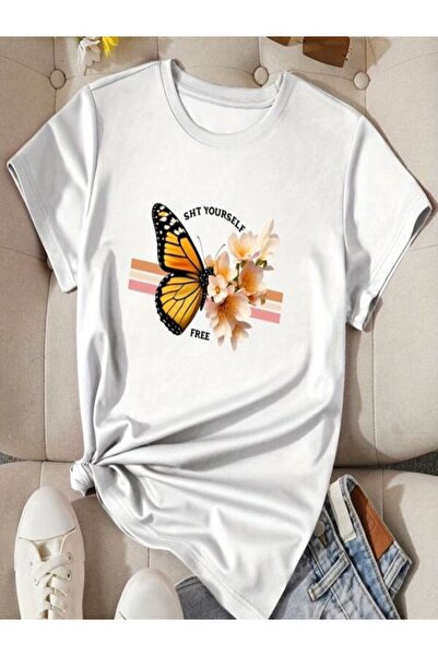 CLASSY.MODA تي شيرت نسائي من جيرسي واحد - تي شيرت أبيض مطبوع كبير الحجم بياقة...