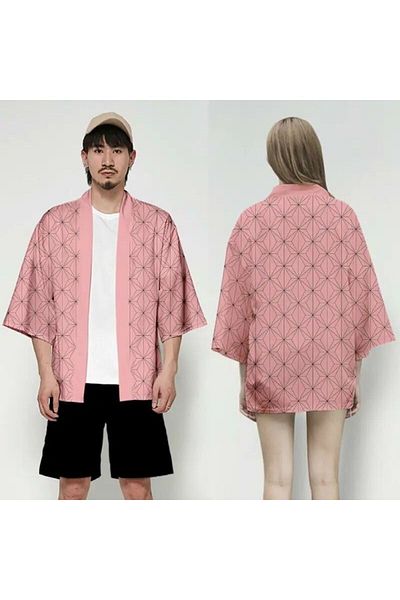 Köstebek Pink Black Stripes Anime Demon Slayer Kimetsu No Yaiba Unisex Kimono