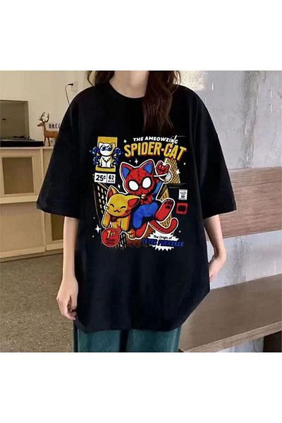 Köstebek Adventure Spider and Cat Black Unisex Tshirt