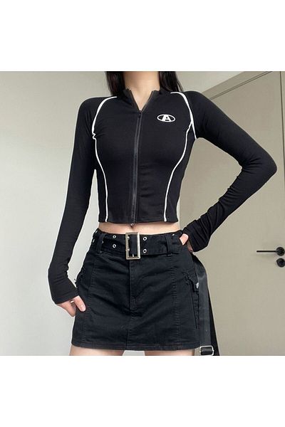 Köstebek Sewing Detail Zippered Stand-Up Collar Long Sleeve Crop