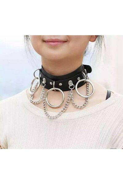 Köstebek Gothic Punk 3 Ring and Chain Detailed Faux Leather Chocker Necklace