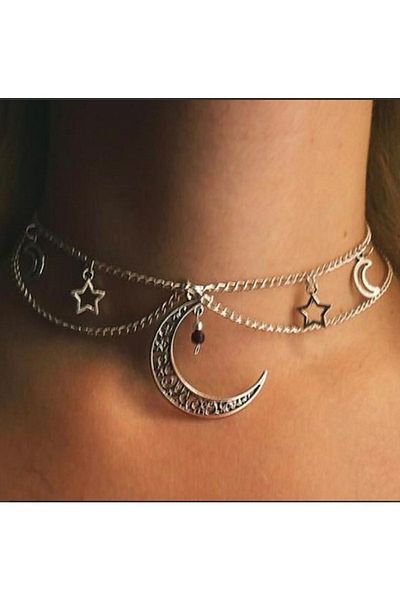Köstebek Embroidered Half Moon Star Collage Detailed Chain Necklace